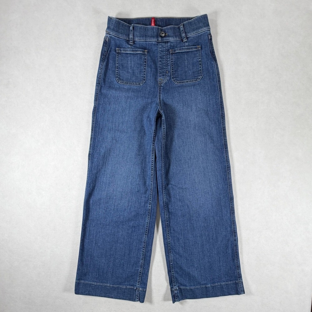 Spanx Womens Wide Leg Jeans Medium Wash High Rise Patch Pocket Size Small Long